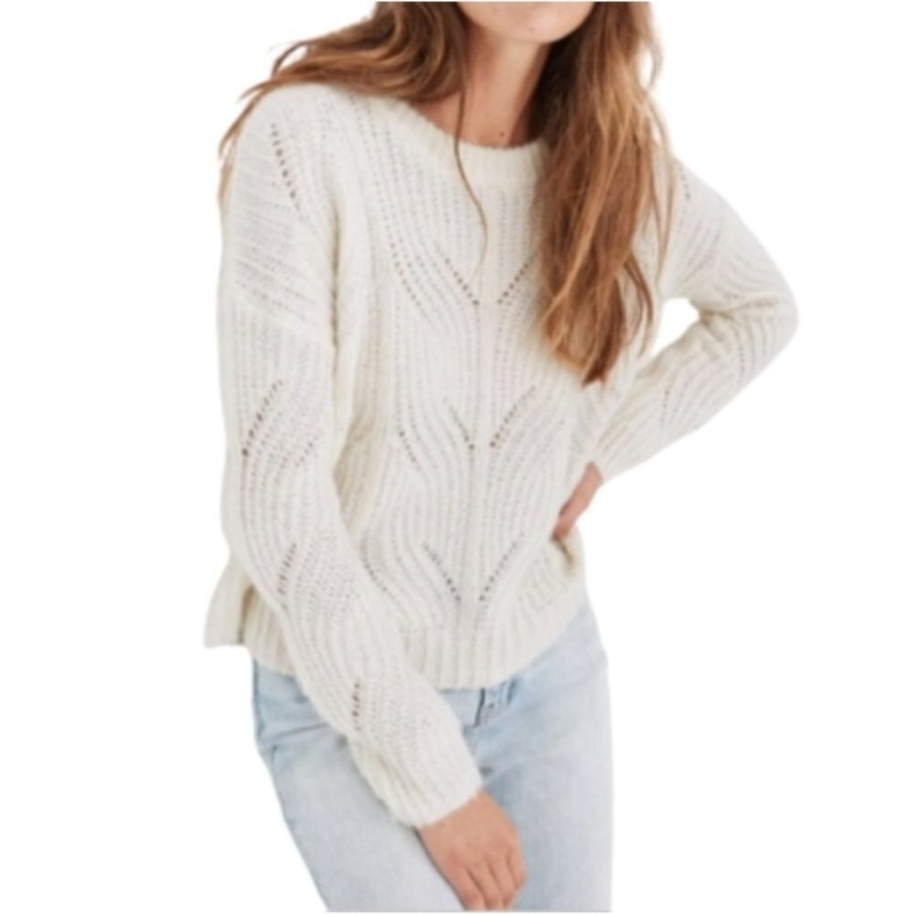 MADEWELL Charley Cream Cable Knit Sweater Womens Pointelle Wool Pullover Size XL - Picture 1 of 15